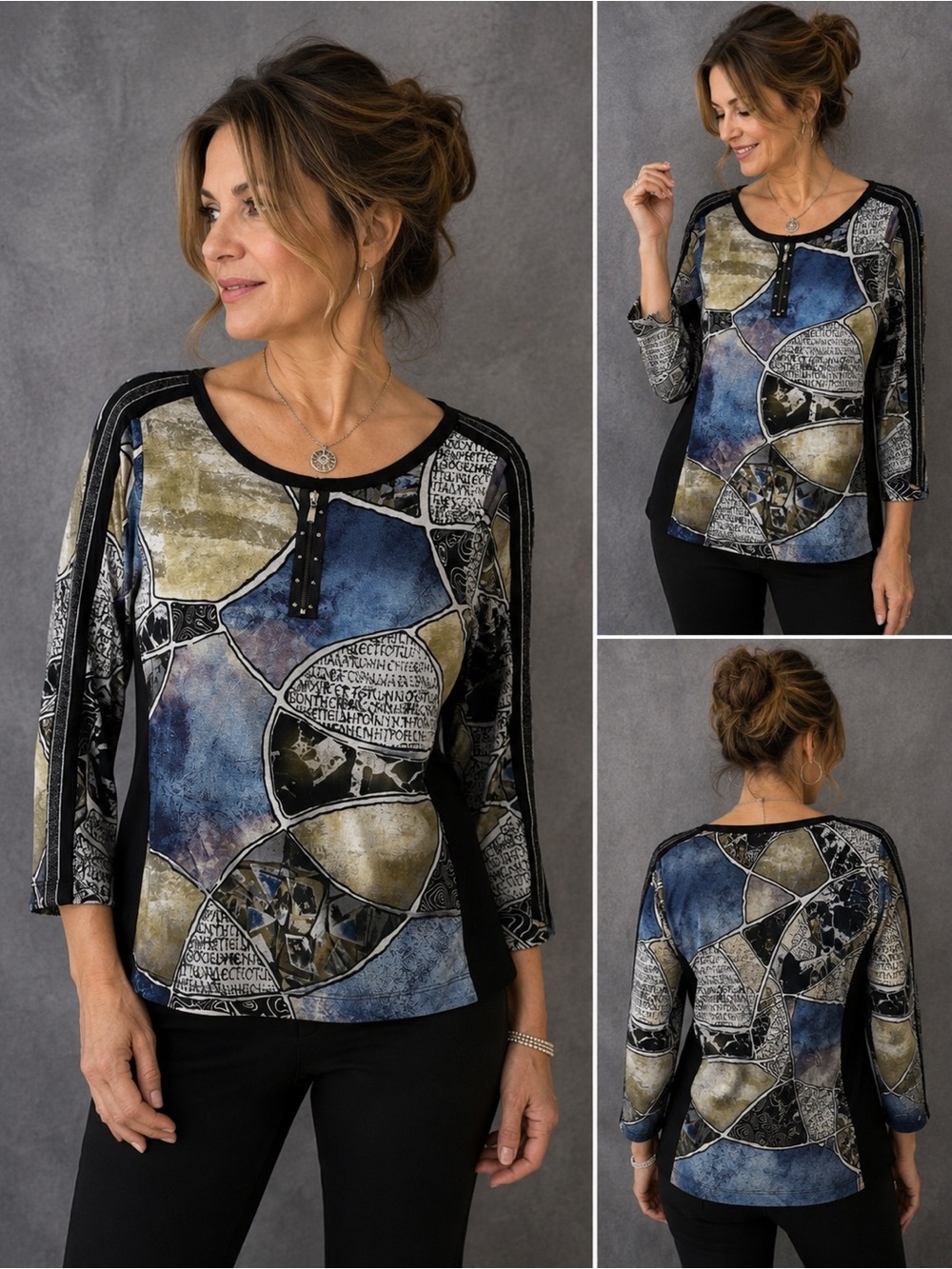 Simply Art by Dolcezza Abstract Patchwork Art Top‎ Zip Neck Blue Black Size S